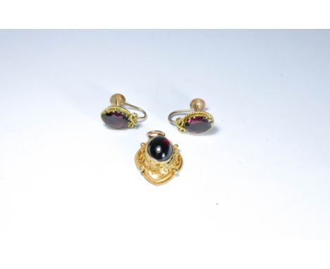 Victorian gold and almandine garnet pendant and a pair of garnet earrings with vintage screw fittings marked 9ct gold 