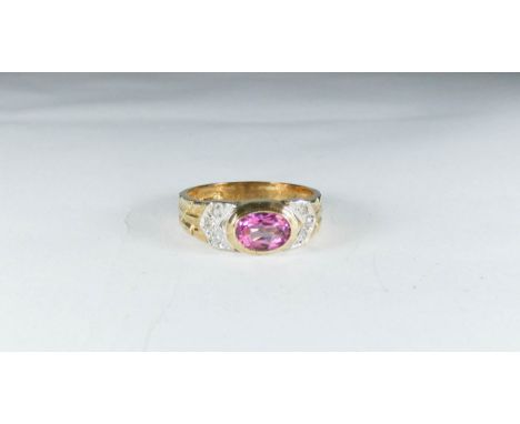 9ct yellow gold pink topaz and diamond ladies dress ring, ring size P/Q