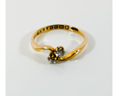 Vintage 18ct gold two stone diamond ring, set in a cross over design, Ring size N