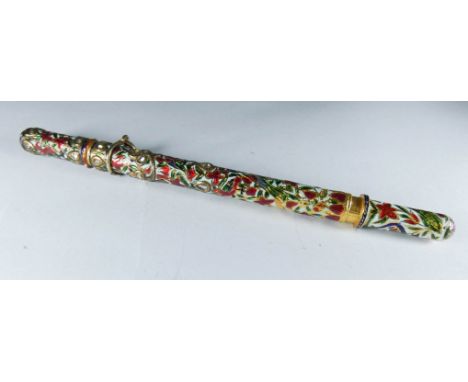 19th century Indian gold enamel and rose cut diamond cased pencil , 10.5cms long tests as very high carat gold