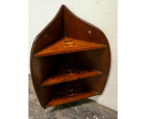 Small three tier inlaid Victorian corner shelf fitting 