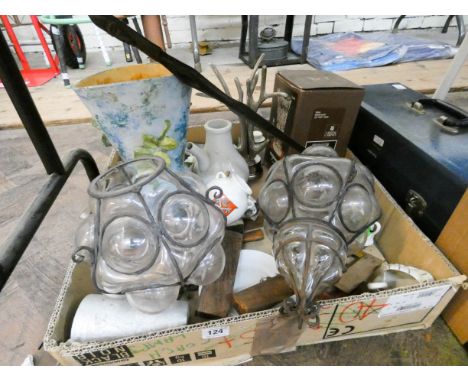 Two boxes of glass china, ornaments, unusual ceiling light fittings etc, two stools and a metal box containing fishing access