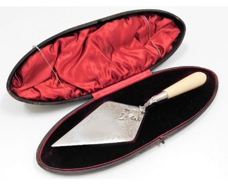 A Victorian, young head, 330g total, ivory handled silver ceremonial trowel with case