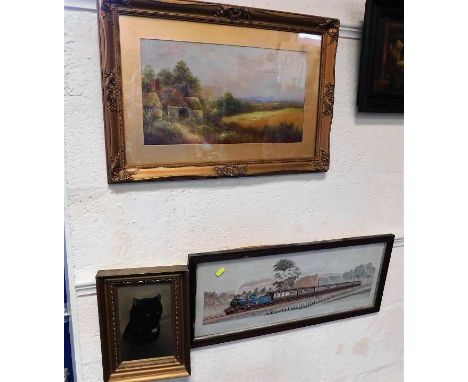 A framed George Jennings landscape oil 25.25in x 17.25in, an antique oil of black cat twinned with a framed print of GWR Corn