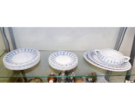 A Clarice Cliff Bizarre part dinner service, fourteen pieces, one plate cracked, one repaired &amp; tureen without cover, sma