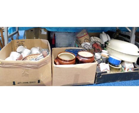 Four boxes of kitchen related items including large enamel roaster