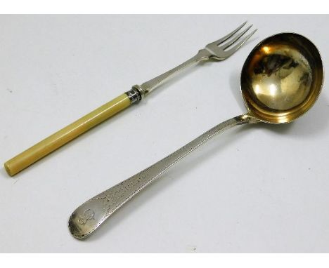 A 19thC. silver ladle with gilt bowl &amp; bright cut decor approx. 50g twinned with a plated pickle fork with ivory handle