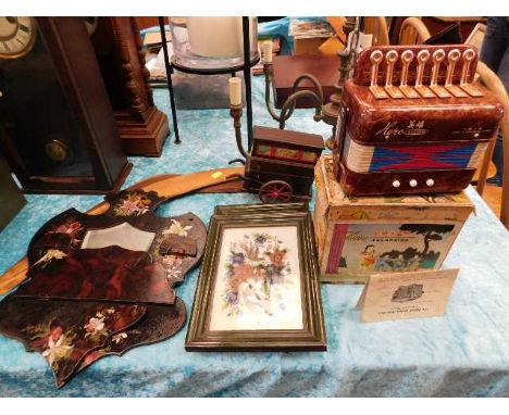 A vintage boxed Chinese toy accordion (working), a folding mirror display shelf &amp; other items