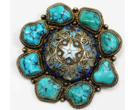 A decorative brooch set with turquoise on silver &amp; enamel 27.9g 55mm wide