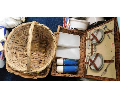 Two wicker baskets &amp; a vintage picnic basket