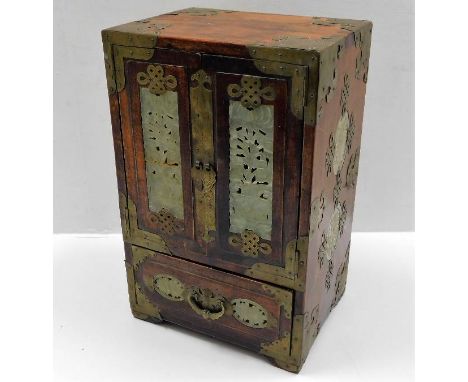 An early 20thC. Chinese rosewood jewellery cabinet with brass &amp; jade fittings a/f 12.5in high 