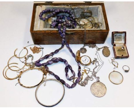 A pair of yellow metal earrings, a yellow metal mounted hologram glass, a Swiss silver pocket watch a/f, an amethyst necklace