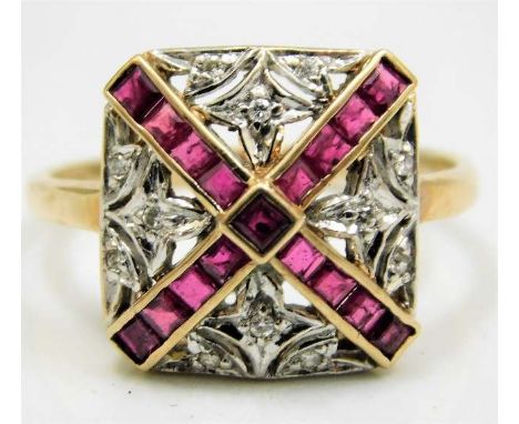 A 9ct gold art deco style ring with ruby &amp; illusion set diamonds size S/T 3.4g 