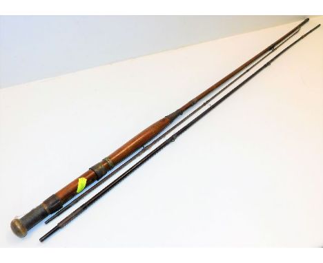 A vintage three piece cane fishing rod twinned with a c.1880 Lydon framed print of a Chubb