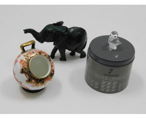 A Royal Crown Derby imari 2649 salt, a jade style carved elephant &amp; a boxed Swarovski duckling