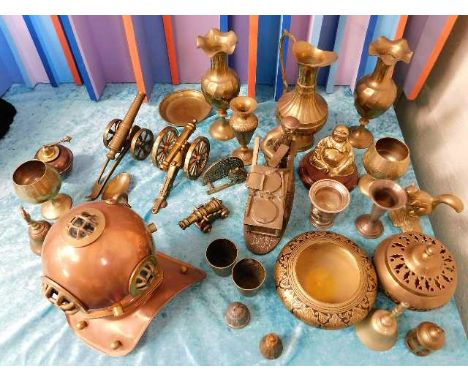 A novelty copper &amp; brass divers helmet &amp; other brass wares