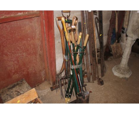 A bundle of long handled gardening tools