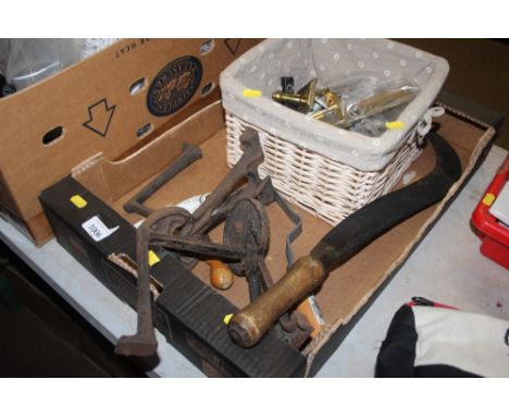 A box of hand tools and door furniture