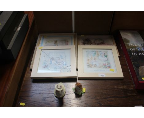 Four Beatrix Potter prints, one AF; together with a Royal Doulton figure "Poppy Eye Bright"; and a Beswick figure, AF, "Timmy