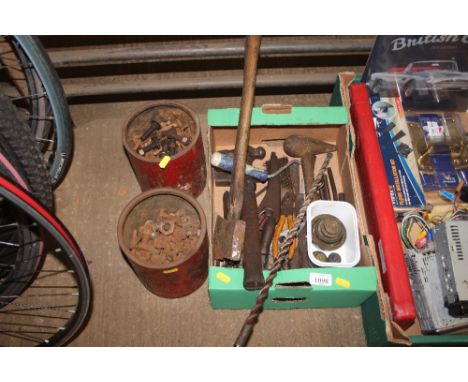 A box and two tins of various hand tools, nuts and bolts