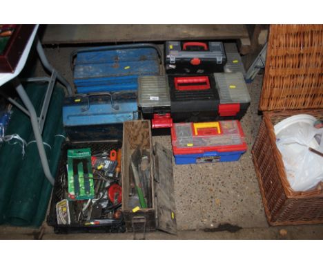 Six toolboxes and contents; together with an ammunition box and contents and a plastic tray of various  hand tools