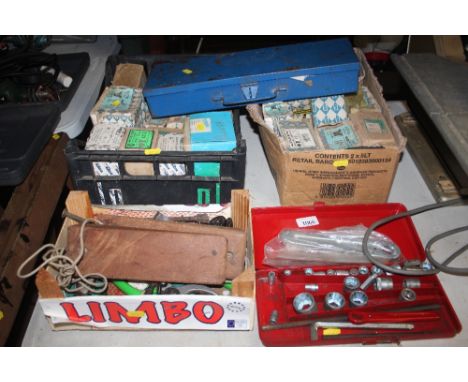 Three boxes of various screws, hand tools and a ratchet set