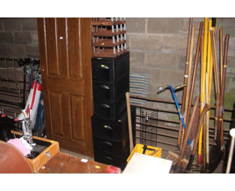 A plastic tray of various hand tools; a wooden and metal wine rack; CD storage rack and two plastic storage units