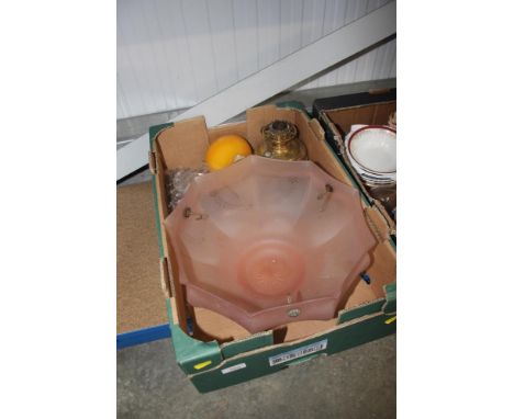 A pink glass light shade; oil lamp etc