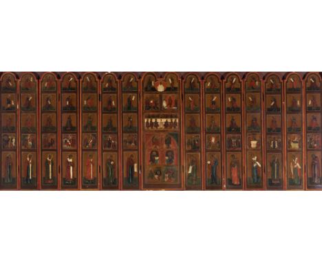 Russian school, XVIII-XIX centuries."Portable Iconostasis of five levels".Tempera, gold leaf on board.Measurements: 43 x 120 