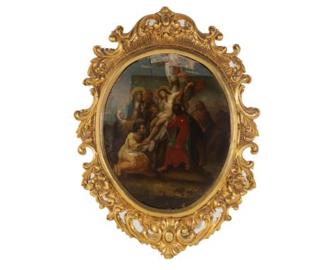 Russian school of the XIX century. "Descent from the Cross". Oil on panel. Frame of the twentieth century. Size: 53 x 42 cm; 