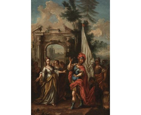 Italian school; 18th century."The reunion between Jefte and his daughter".Oil on canvas.It presents repainting and jumps in t