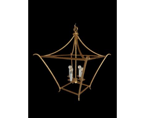 An Aria medium square lantern ceiling light designed by Julie Neill
In textured gold finish, with a four light chandelier fit