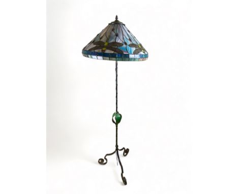 A painted iron standard lamp with a Tiffany style shade together with a smaller octagonal Tiffany style shade and two lamps
T