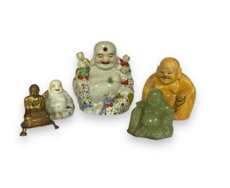 A group of mostly Oriental items
Including group of five Buddhas, three ceramic, one green resin and one brass, the largest 2