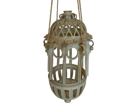 A vintage Studio Pottery white stone glazed hanging plant pot by Angela Sinclair
In the form of a pierced lantern, with domed