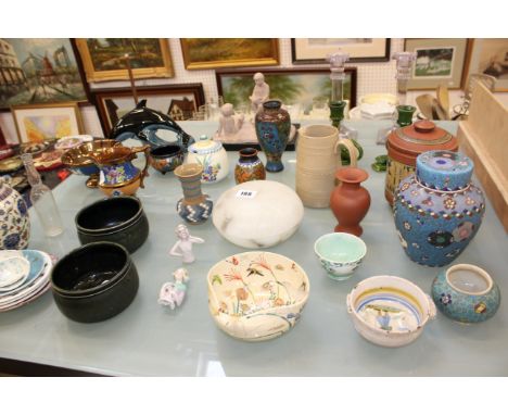 A mixed lot of ceramics and glassware to include Poole Pottery, Doulton Lambeth etc 