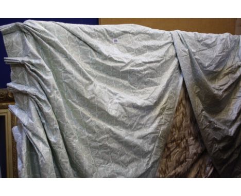A pair of zig-zag brown chintz pattern curtains, modern, lined and interlined, 230cm drop; and a pair of curtains printed in 