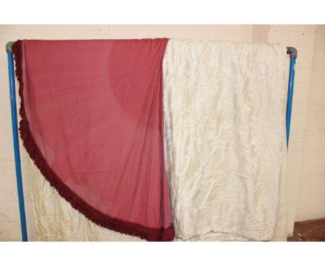 A pair of floral raw silk  thermal lined ivory curtains approx. 255cm and a further drape  