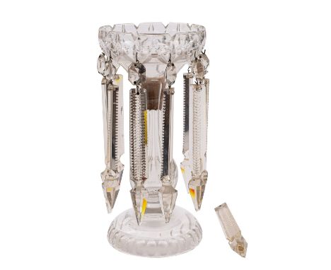 A clear glass table lustre, converted as a table lamp, with faceted waisted stem  supporting a coronet top with notched stem,