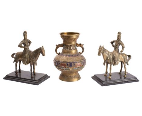 A Japanese champleve enamel decorated brass vase and a pair of equestrian figures the latter on ebonised wood bases, 24/25cm 