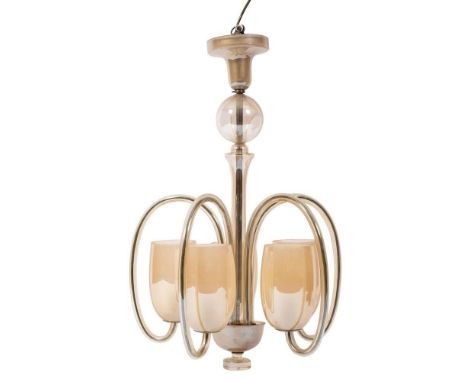 A moulded glass five light electrolier, probably Murano, circa 1960s; the ceiling fitment above a spherical moulding and slen