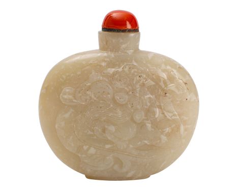 A Chinese jade snuff bottle and stopper and an enamel snuff bottle and stopper the first carved with a bat to one side, a myt