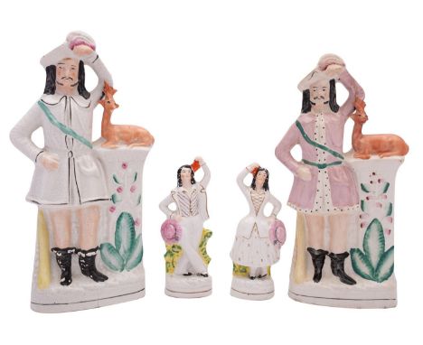 Two pairs of Staffordshire pottery figures, comprising a large pair of huntsmen stood before a pillar topped with the stag, 4