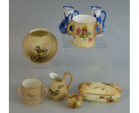 Six Royal Worcester blush ground miniature cabinet pieces, comprising bulbous bowl painted with a Blue Tit, date code 1903, 7