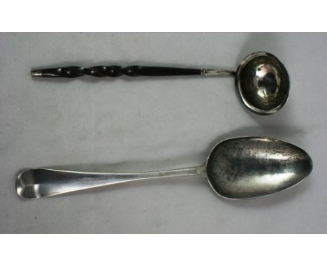 A George III silver toddy ladle, London 1804, with a whalebone handle and a George III silver bottom marked fancy back desser