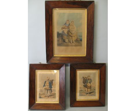 Three early Victorian rosewood frames, comprising one 49cm x 38cm and a pair 37cm x 30cm, each containing a hand-coloured lit