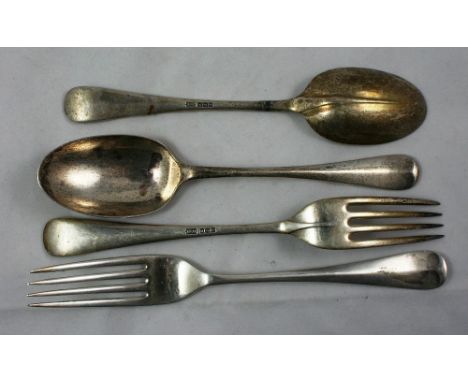 A silver set of six Hanoverian rat tail table forks, by Walker & Hall, Sheffield 1930, together with two matching dessert spo