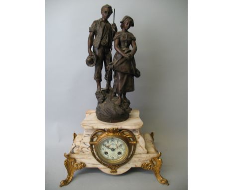 A 19th century French figural mantel clock, the cream enamel dial with black Arabic numerals, the Marque de Fabrique movement