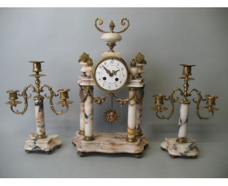 A 19th century French portico clock garniture, the white enamel dial with black Arabic numerals, the unsigned movement number