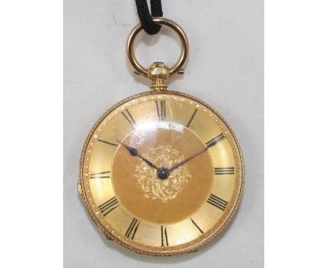 Baume - an 18 k gold keyless wind  open face pocket watch, circa 1870, the gilt dial with black Roman numerals signed Baume, 